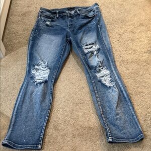 Judy Blue Distressed Straight Leg Jeans - Blue. Boyfriend fit